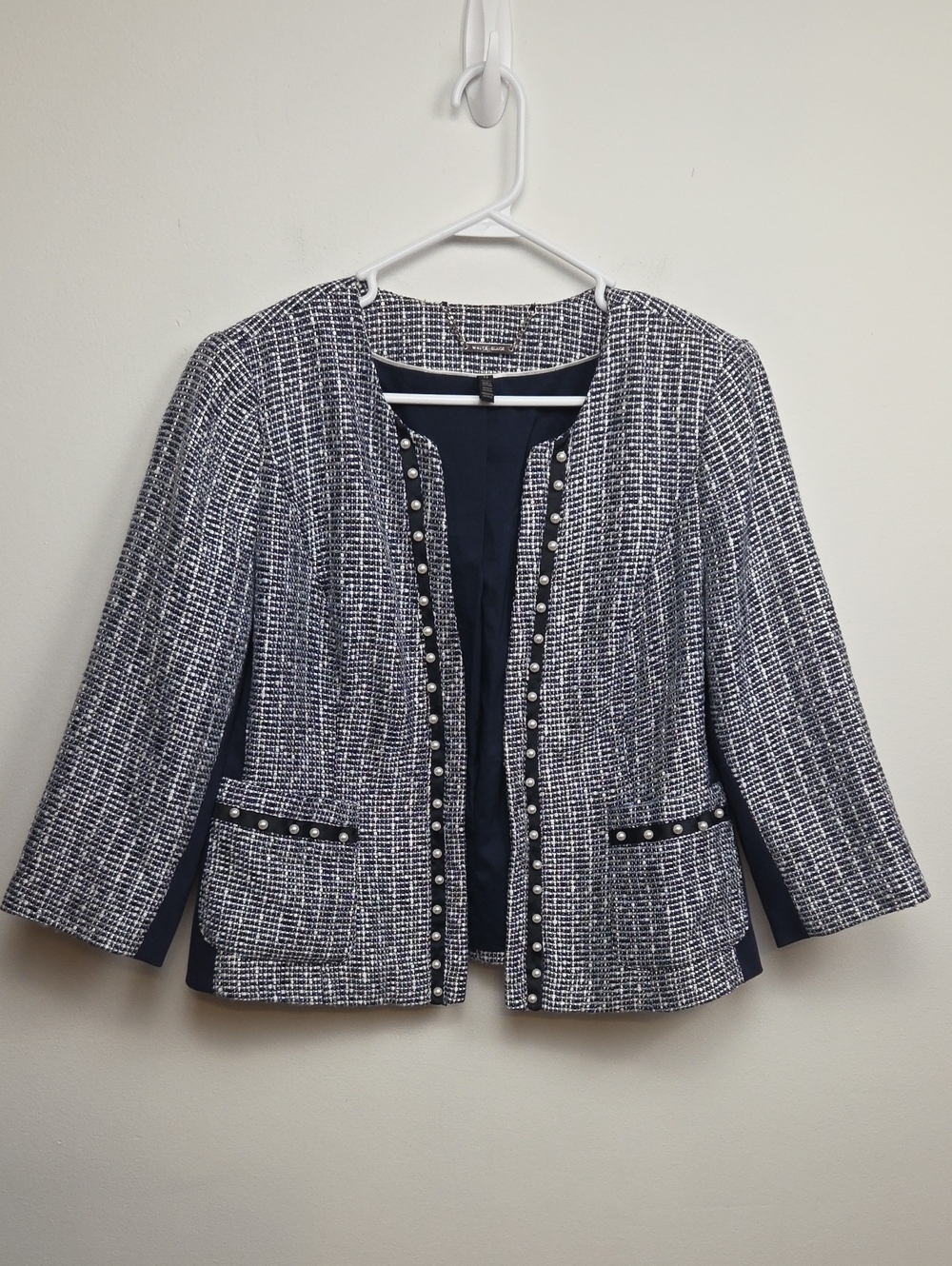 White House Black Market Pearl-Trim Navy & White Tweed Jacket Office Career 12